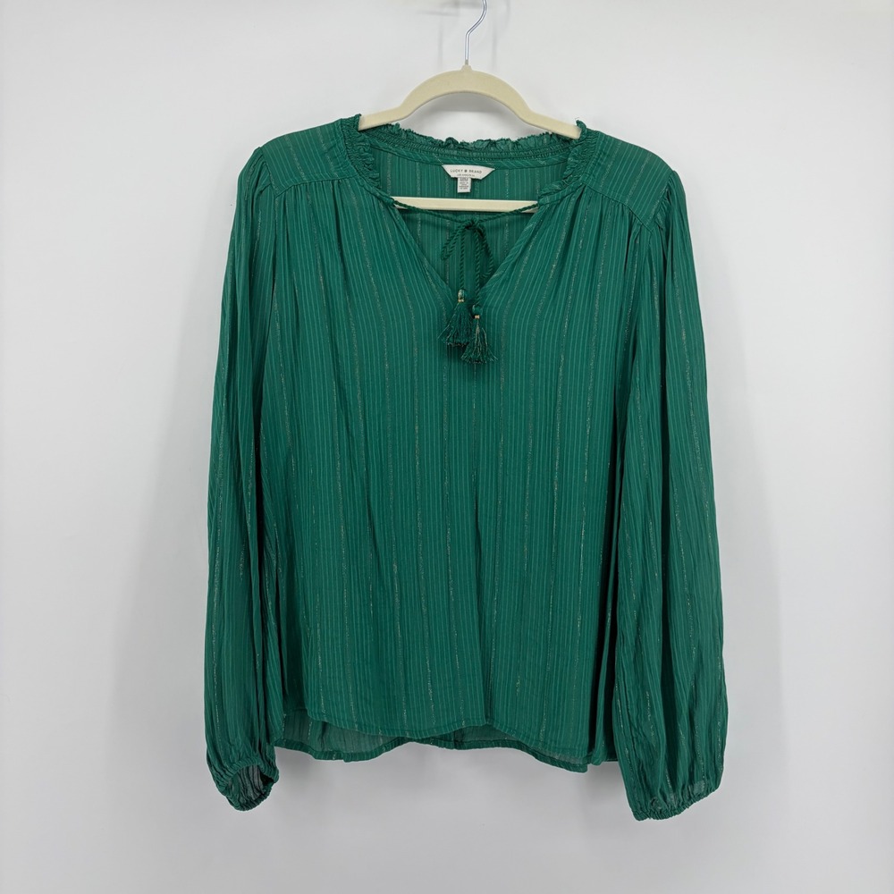 Lucky Brand Womens‎ Medium Green Metallic Pinstripe Tassel Peasant Blouse Top